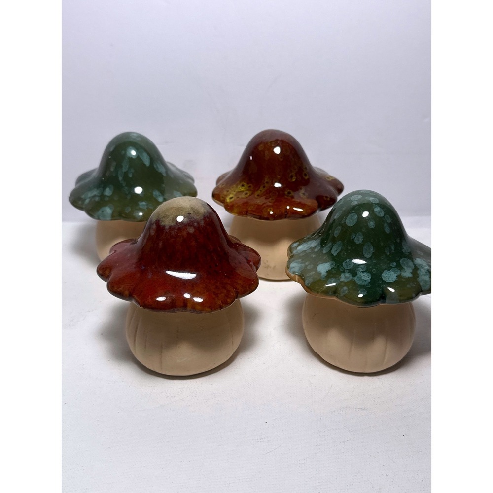 Greenbrier International Mushroom Figurine Set 4 Small Green Brown EX Glazed